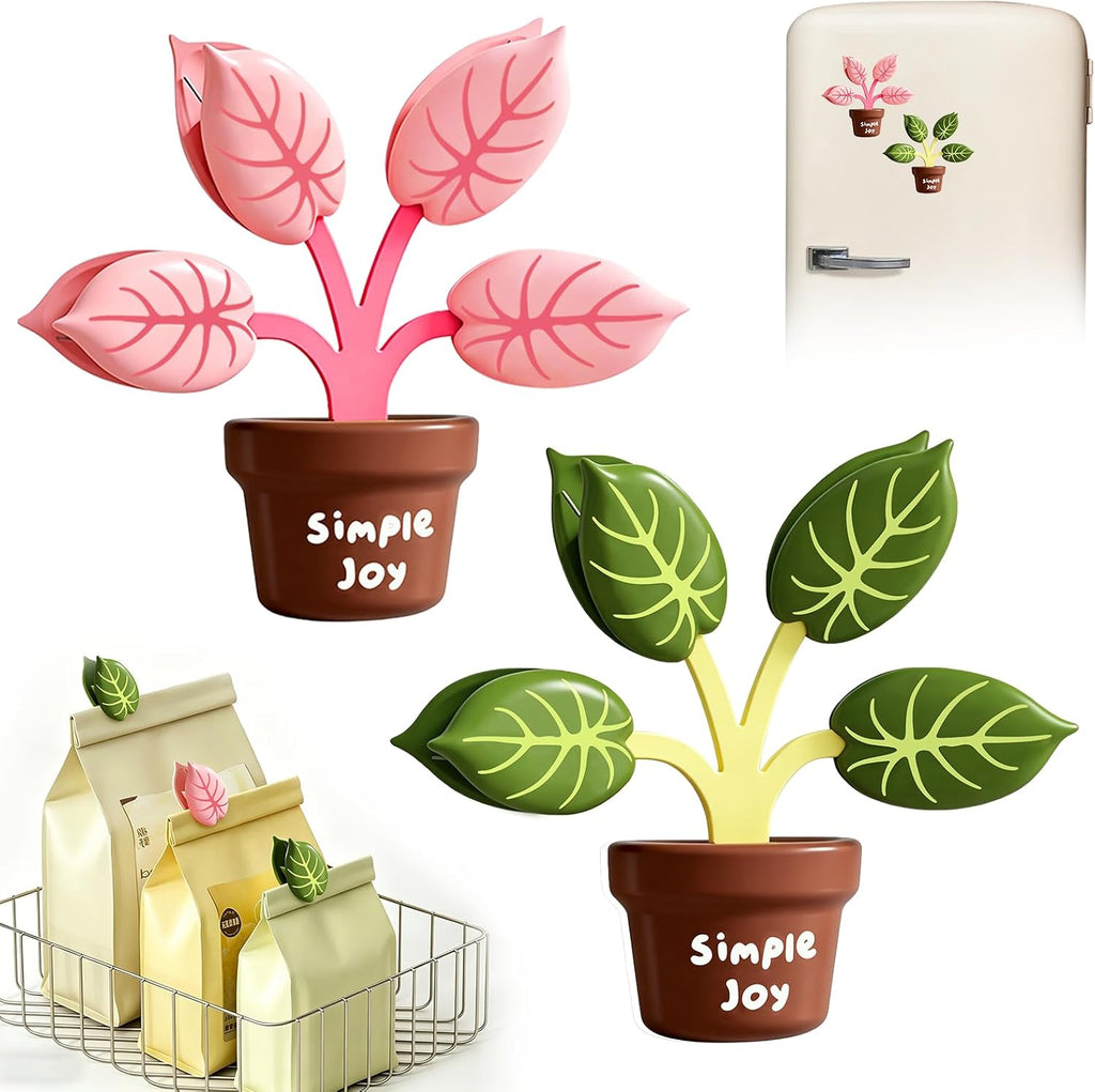 2Pcs Cute Chip Clips, Green Plant Shape Magnetic Chip Clips, Heavy Duty Magnetic Chip Clips for Food Storage, Sealing Clips for Snack Bags, Coffee Bags, Fridge Decor