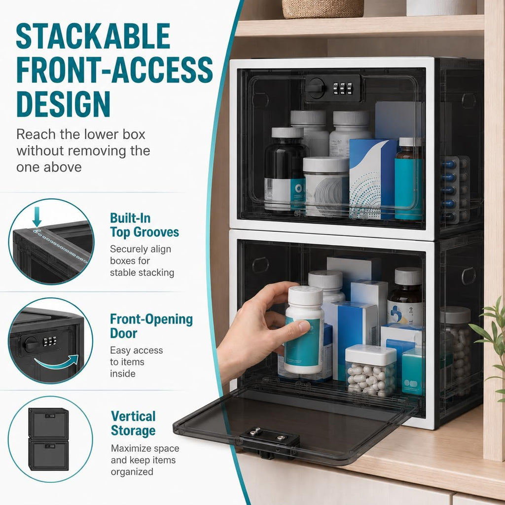 Large Medication Lock Box with Code, Clear Lockable Storage Box for Refrigerator, Cabinet & Dorm, Stackable Medicine Box for Prescriptions, Snacks, Phone, 11.9" x 9.3" x 7.6", Black