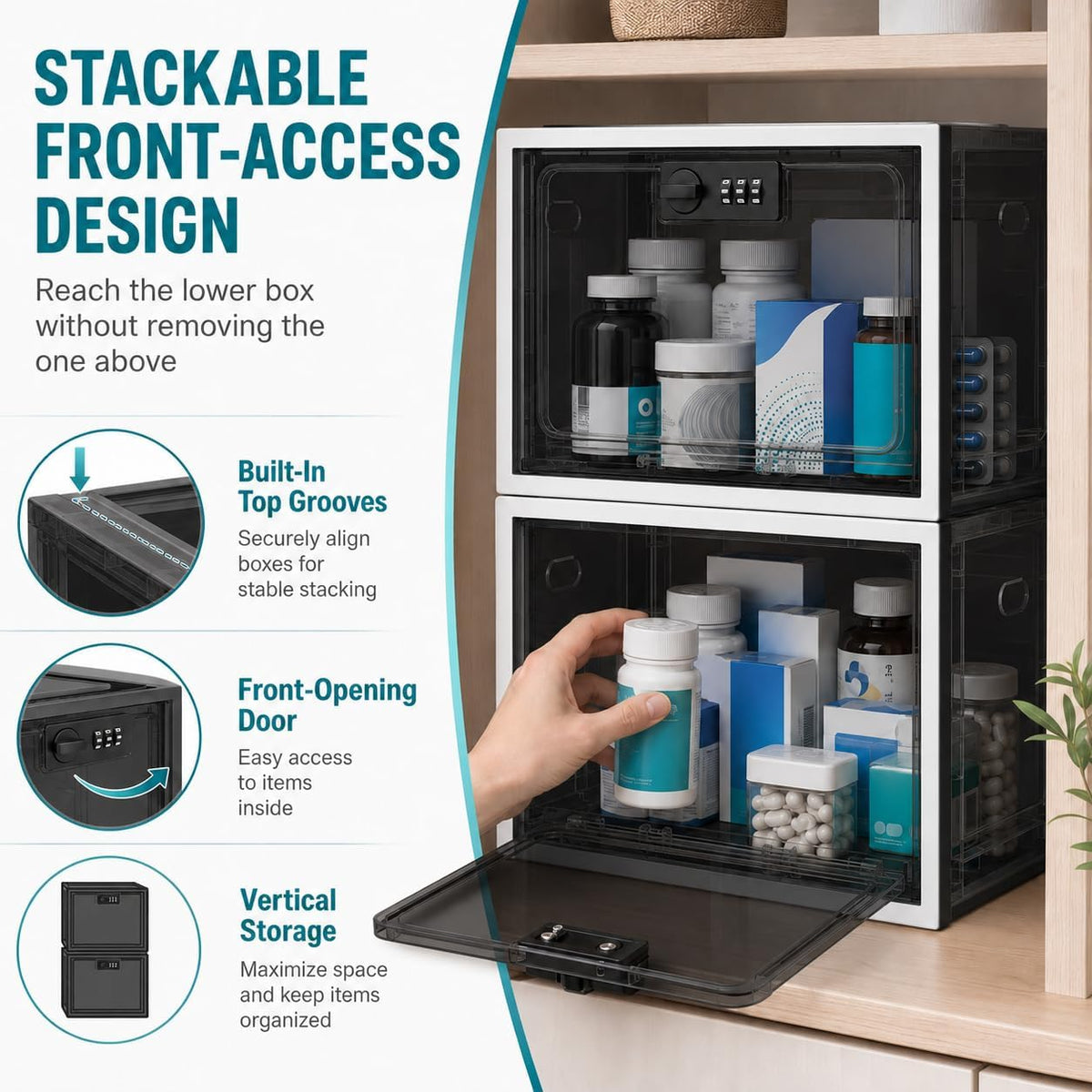 Large Medication Lock Box with Code, Clear Lockable Storage Box for Refrigerator, Cabinet & Dorm, Stackable Medicine Box for Prescriptions, Snacks, Phone, 11.9" x 9.3" x 7.6", Black