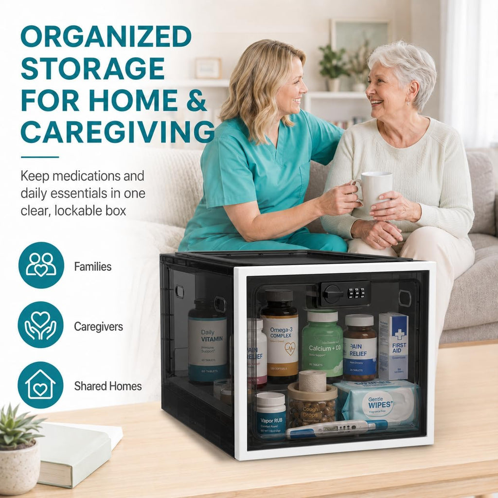 Large Medication Lock Box with Code, Clear Lockable Storage Box for Refrigerator, Cabinet & Dorm, Stackable Medicine Box for Prescriptions, Snacks, Phone, 11.9" x 9.3" x 7.6", Black