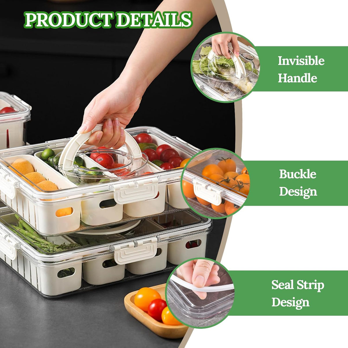 Salad Bar Containers for Fridge with Lid Handle, Fruit Storage Veggie Tray