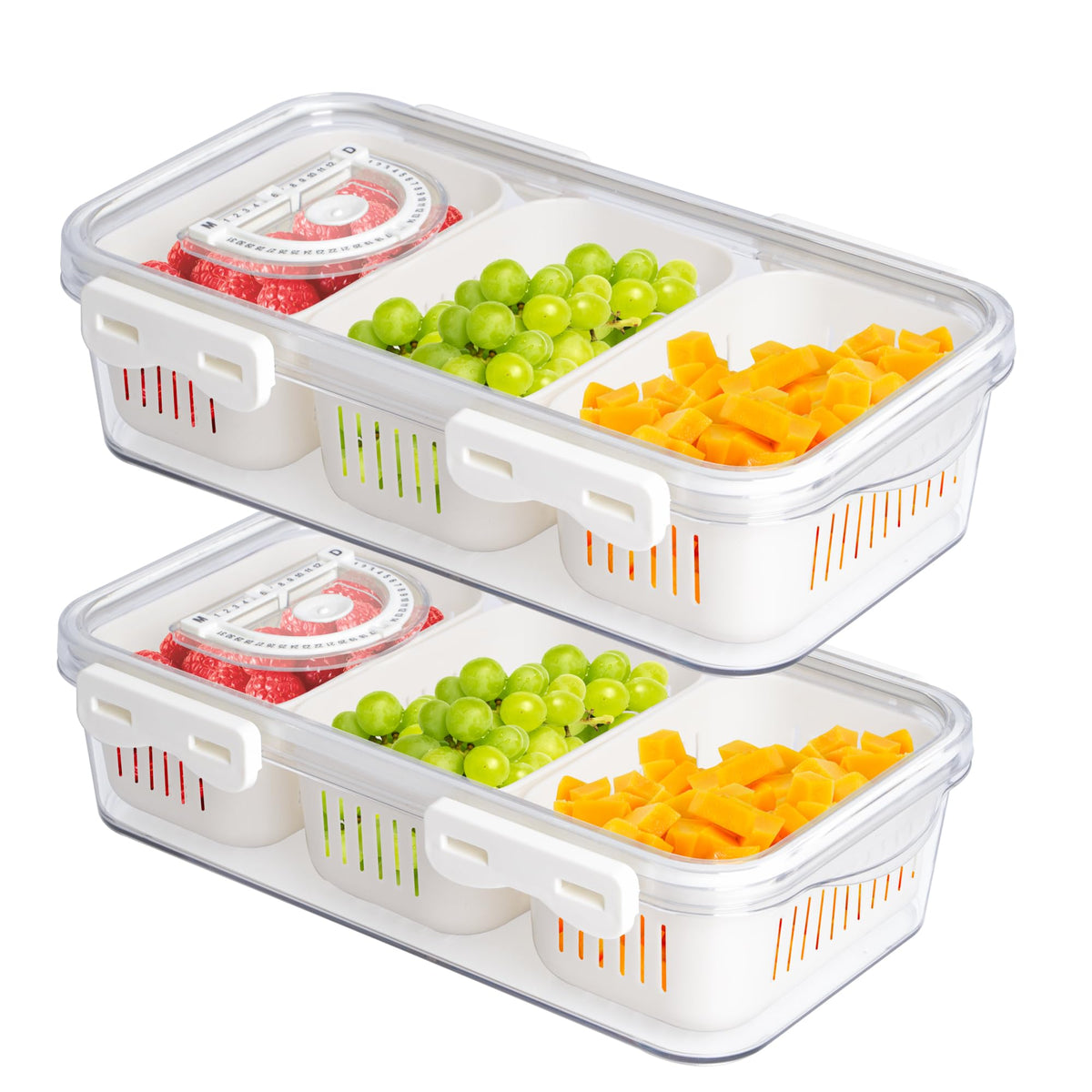 2Pack Divided Snackle Box Charcuterie Container Poratble Bacon Container for Refrigerator 3 Compartment Serving Veggie Tray with Lid Portable Travel Fruit Caddy for Cheese,Candy,Ham,Salad