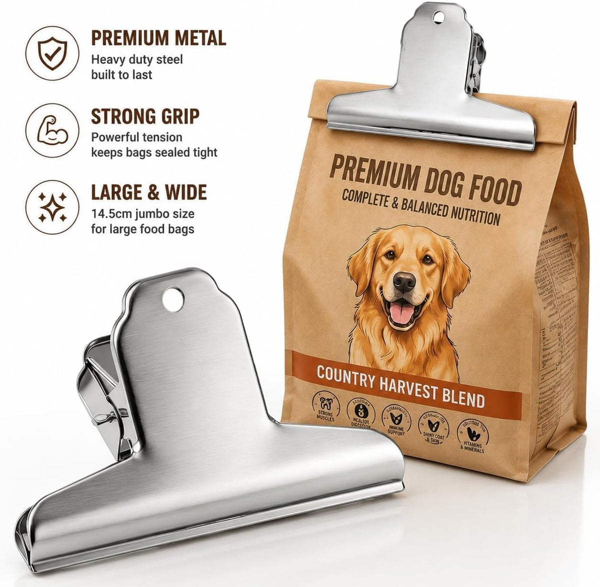 14.5cm Dog Food Bag Clips Heavy Duty, Keeps Food Bags Sealed Tight