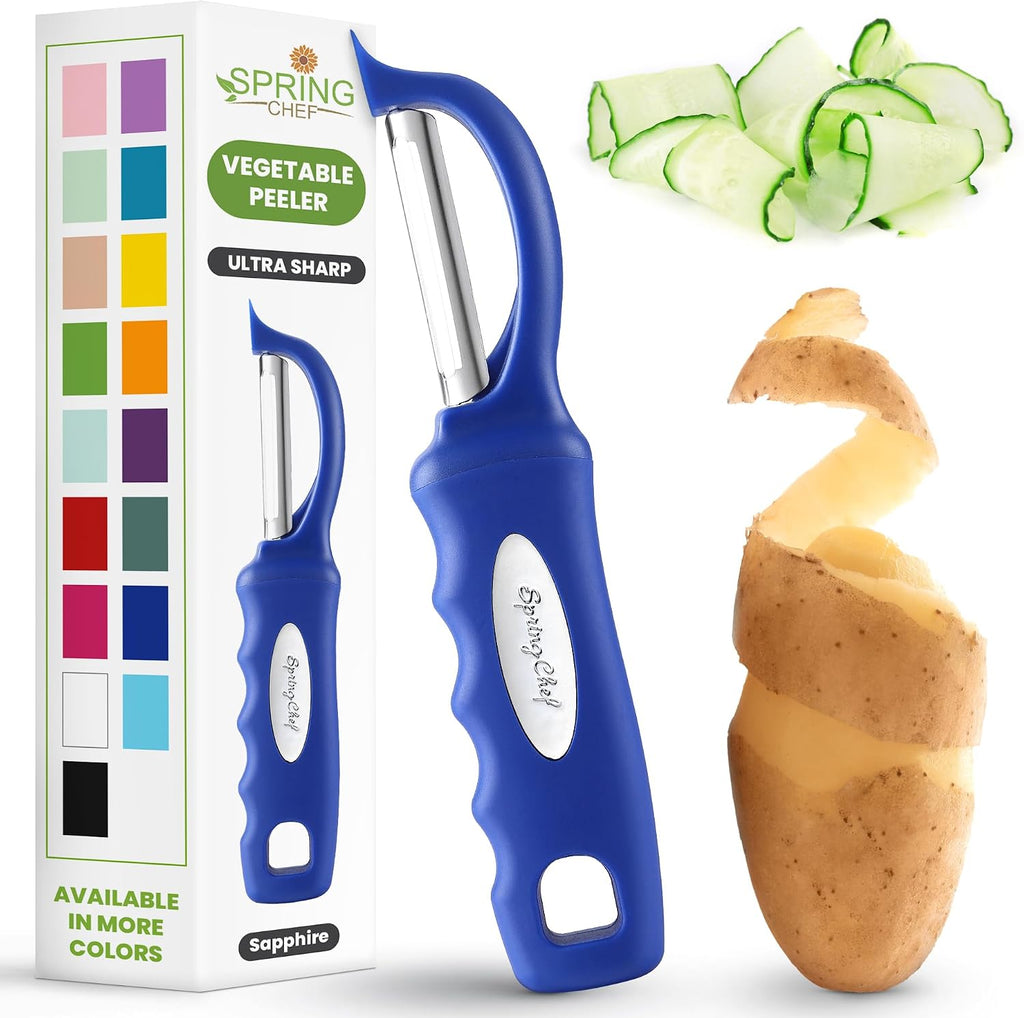 Spring Chef Swivel Potato Peeler for Kitchen w/Soft Grip Handle, Sapphire