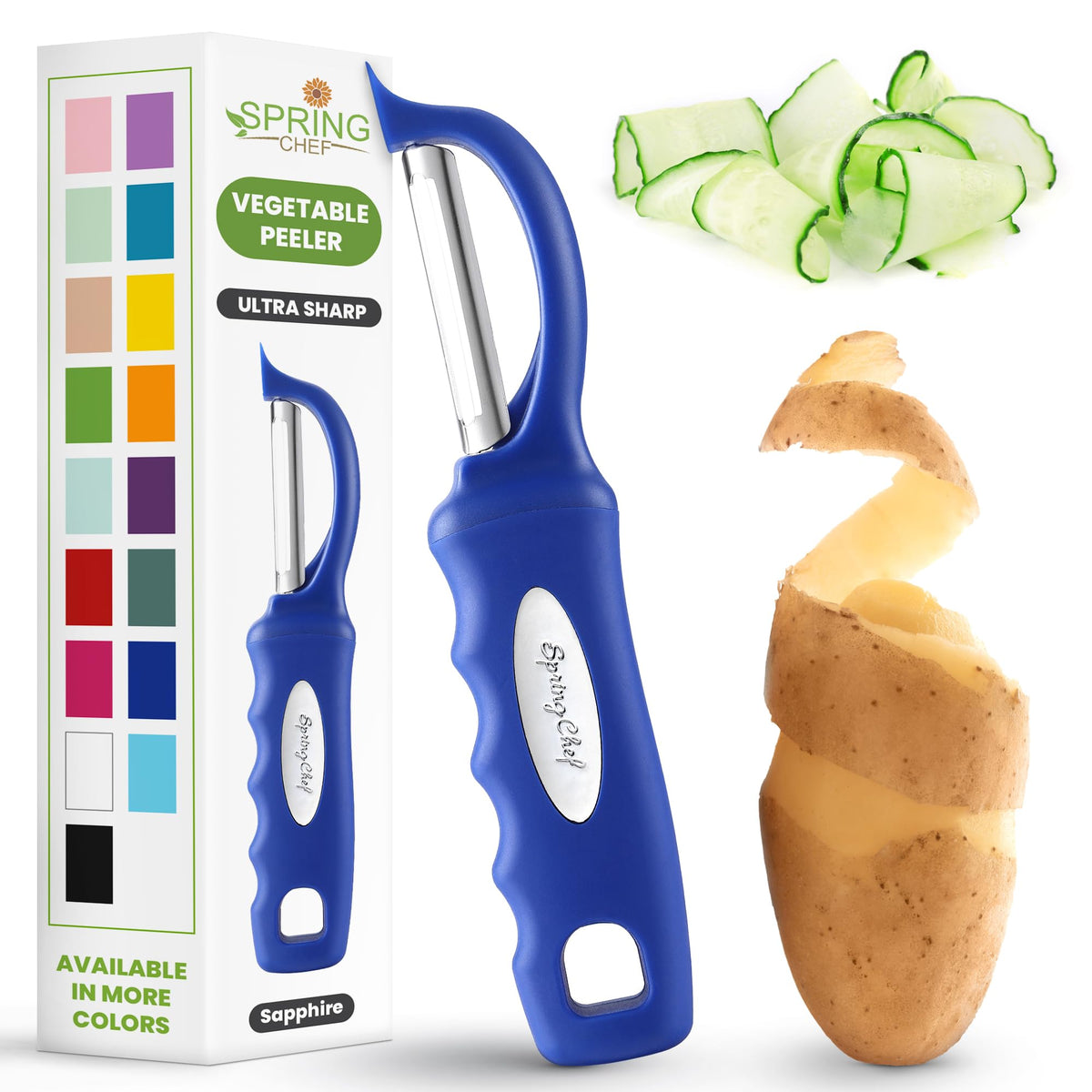 Spring Chef Swivel Potato Peeler for Kitchen w/Soft Grip Handle, Sapphire