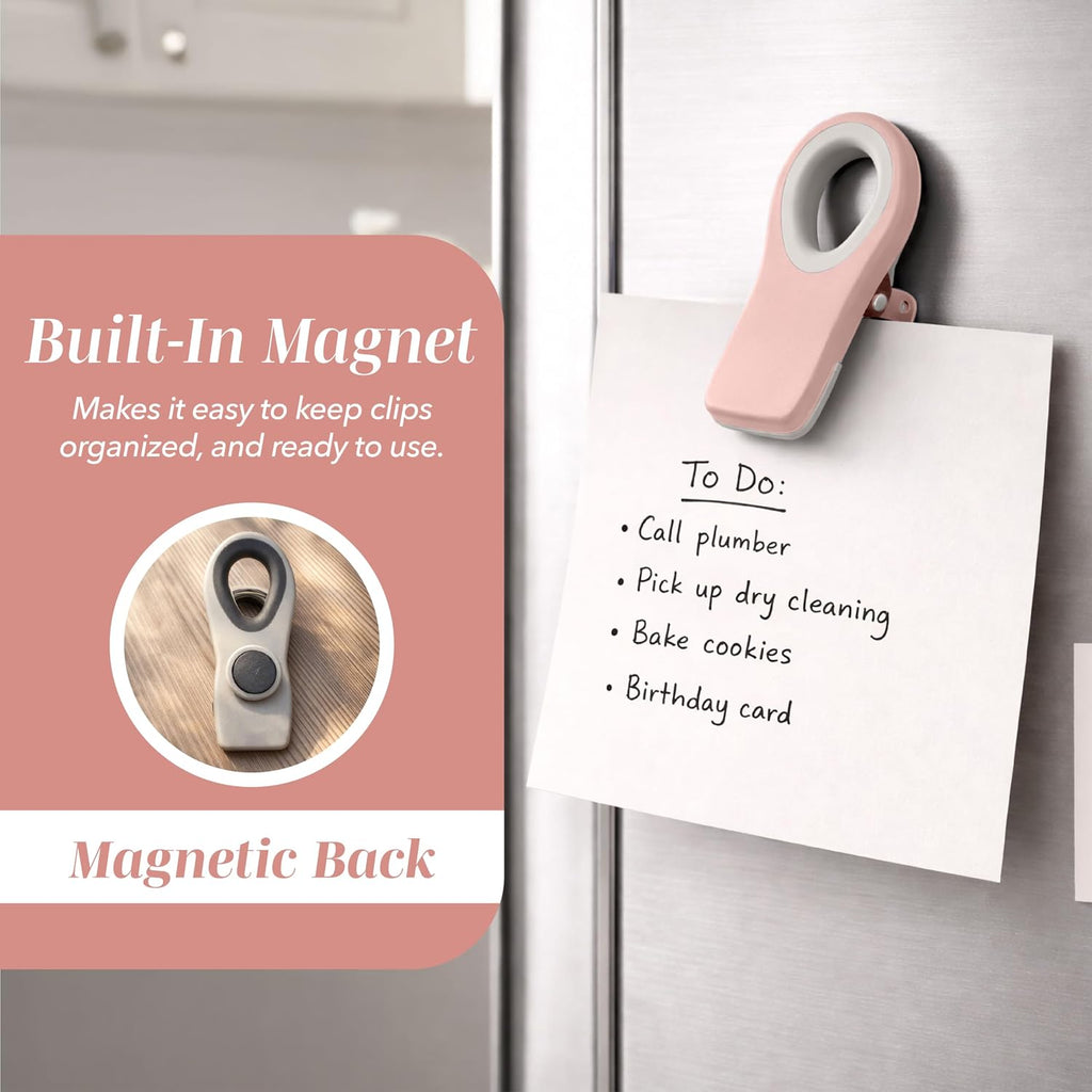 COOK WITH COLOR Bag Clips with Magnet- Food, Chip, Bag for Food Storage with Airtight Seal Grip for Bread Bags, Snack and Food (Beige and Pink, Pack of 10)