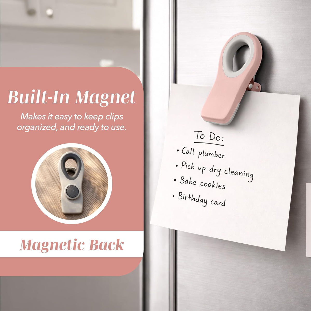 COOK WITH COLOR Bag Clips with Magnet- Food, Chip, Bag for Food Storage with Airtight Seal Grip for Bread Bags, Snack and Food (Beige and Pink, Pack of 10)
