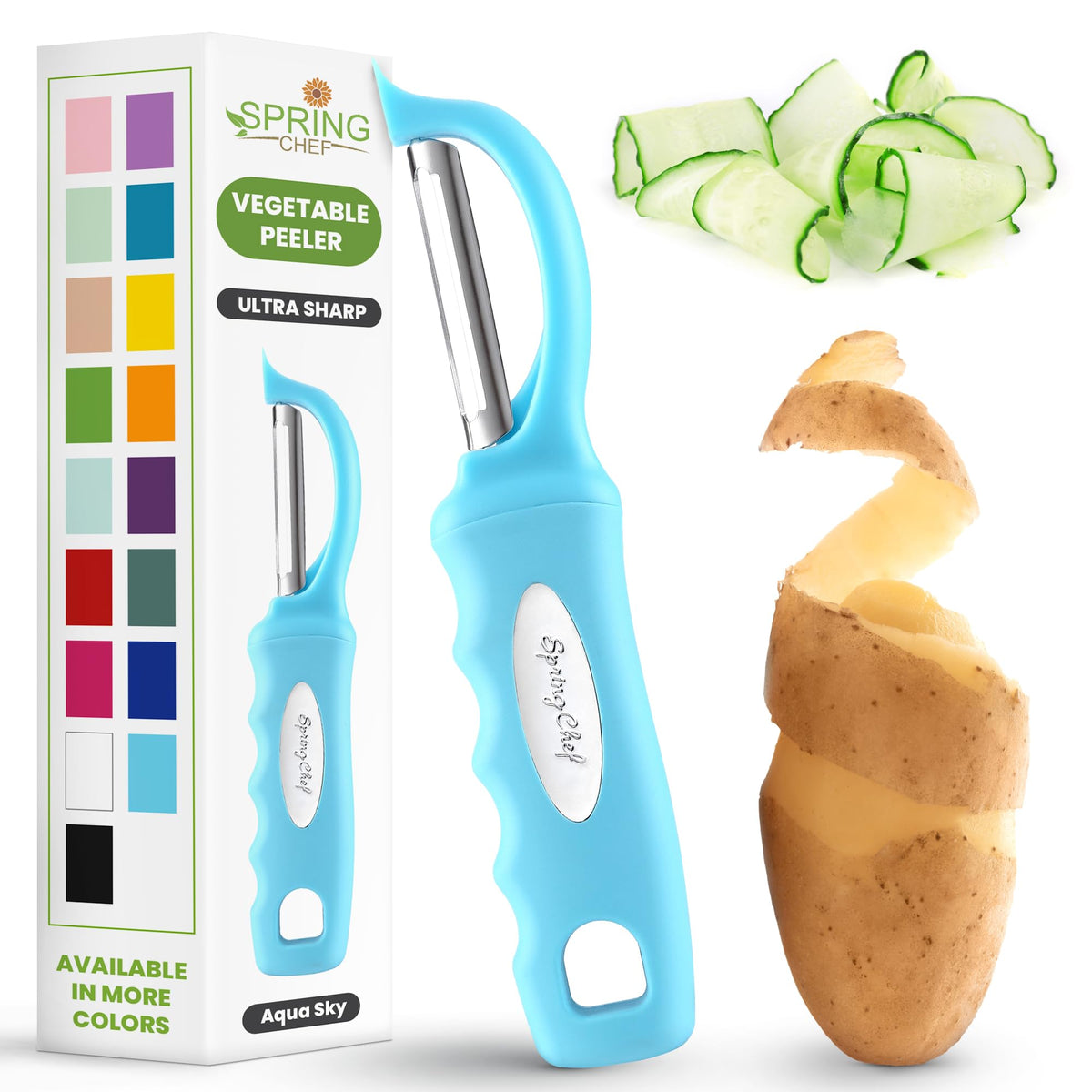 Spring Chef Swivel Potato Peeler for Kitchen w/Soft Grip Handle, Sapphire