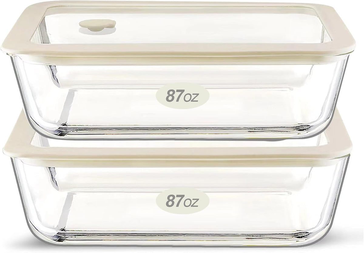Urban Green Glass Food Container Set with Glass Lid, Large Meal Prep Container Set, Airtight Food Storage Containers with Air Vent Lid, 2 Pack, Large, 87oz, LeakProof, 100% Plastic Free, White color,