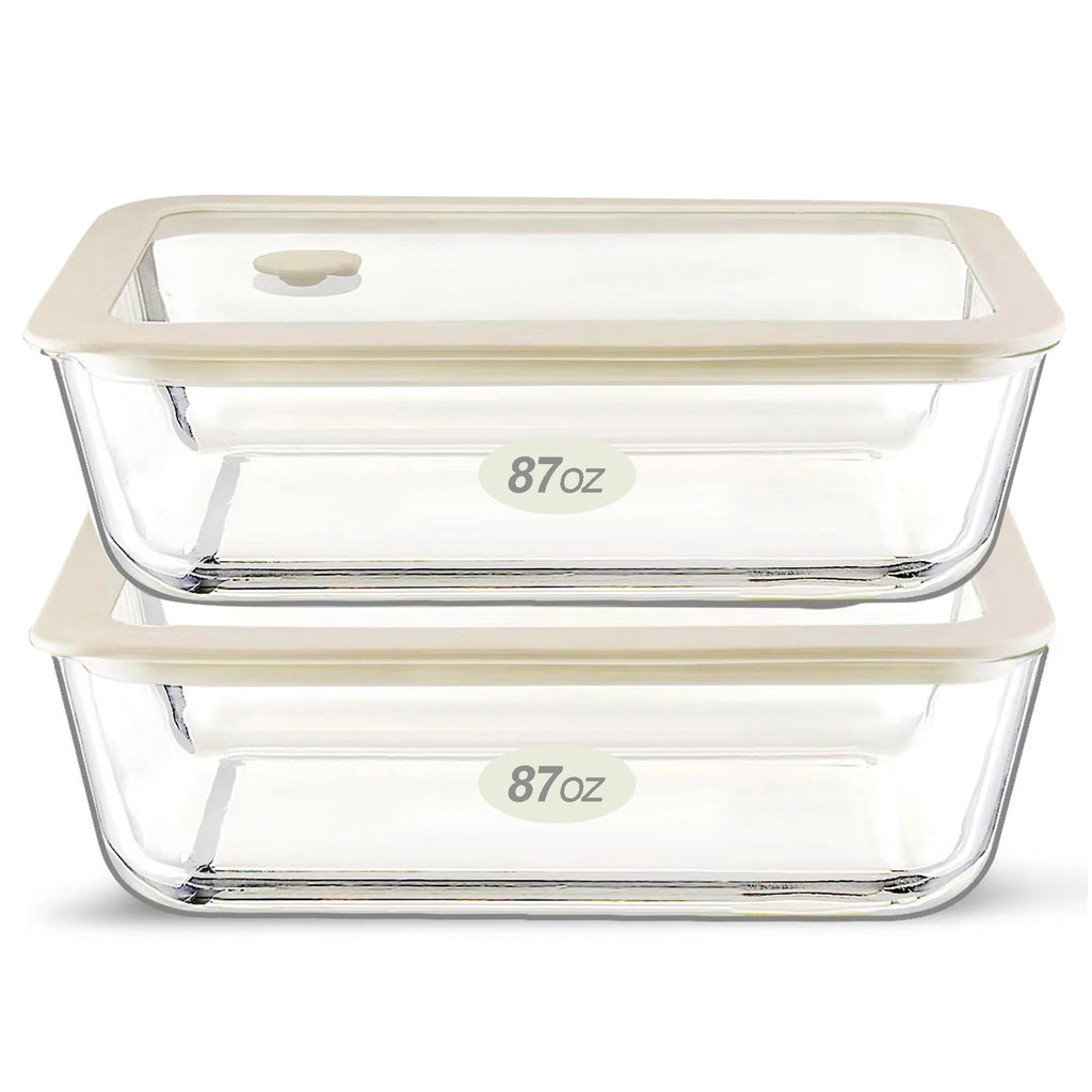 Urban Green Glass Food Container Set with Glass Lid, Large Meal Prep Container Set, Airtight Food Storage Containers with Air Vent Lid, 2 Pack, Large, 87oz, LeakProof, 100% Plastic Free, White color,
