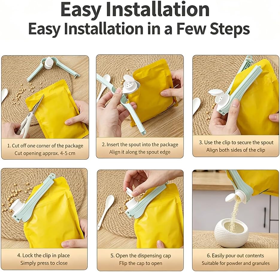 6Pcs Bag Clip with Pour Spout, Bag Clips for Food Storage Sealing Clips, Seal and Pour Bag Clip, Reusable Plastic Cap Sealer Clips for Snack Storage(COLOR:Type A)
