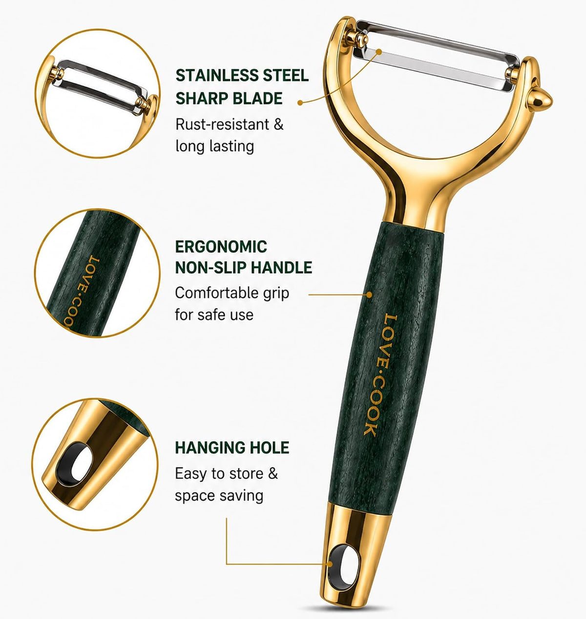 Vegetable Peeler, 420 Stainless Steel Swivel Y-Shaped Blade with Wooden & ABS Handle, Ultra Sharp Potato, Carrot & Apple Peeler, Ergonomic Non-Slip Kitchen Tool (Green&Golden)