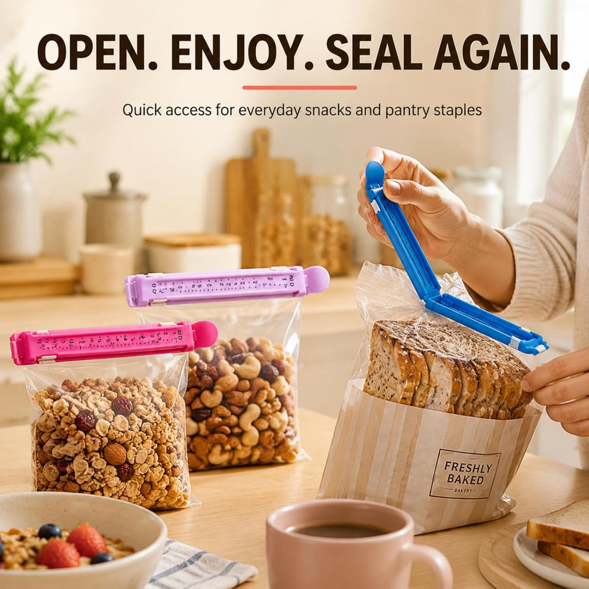 6 food bag sealing clips with built-in date scale-heavy reusable kitchen sealer for French fries, bread, snacks and leftovers (3 sizes in random colors) (6 sealing clips)