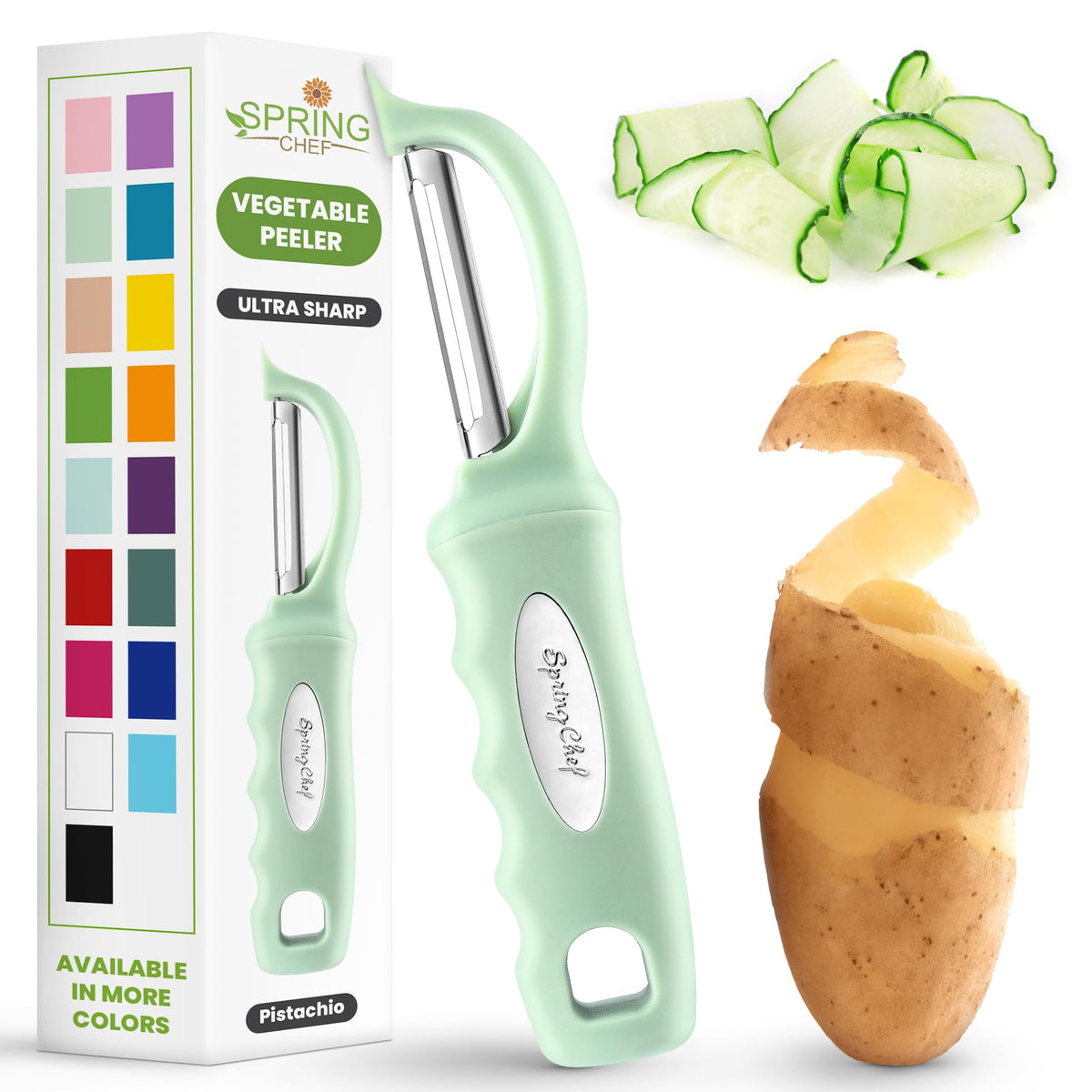 Spring Chef Swivel Potato Peeler for Kitchen w/Soft Grip Handle, Sapphire