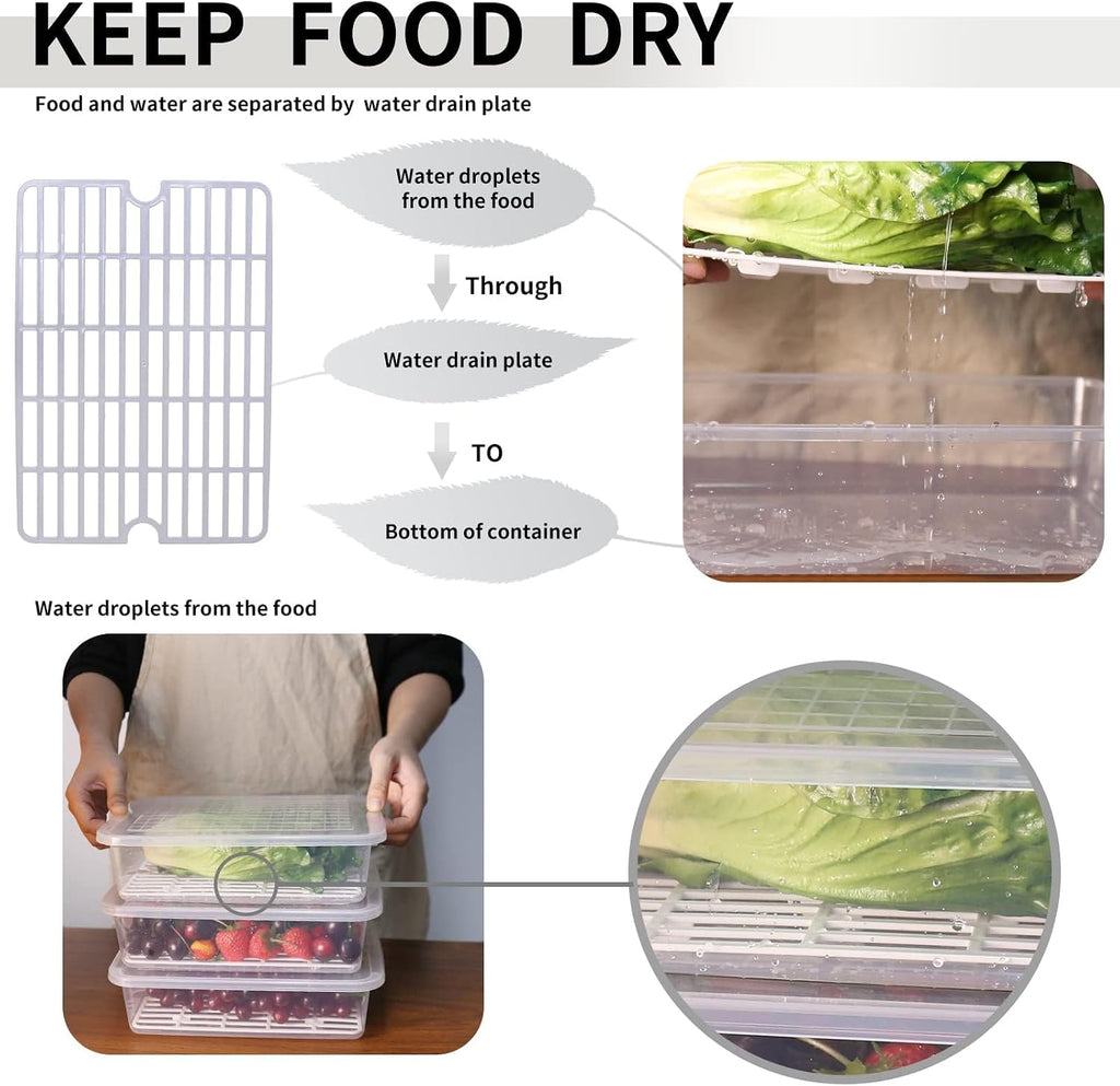 77L Fruit Storage Containers for Fridge, Rectangle Plastic Food Storage Containers with Lids, 3-Pack Deli Meat Container with Removable Drain Plate, Stackable Produce Keeper in Seafood & Berries