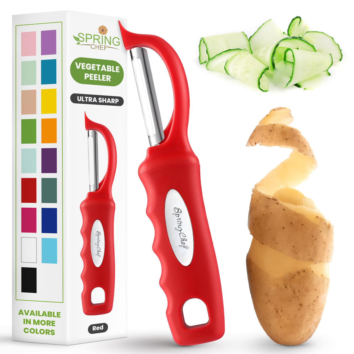 Spring Chef Swivel Potato Peeler for Kitchen w/Soft Grip Handle, Sapphire