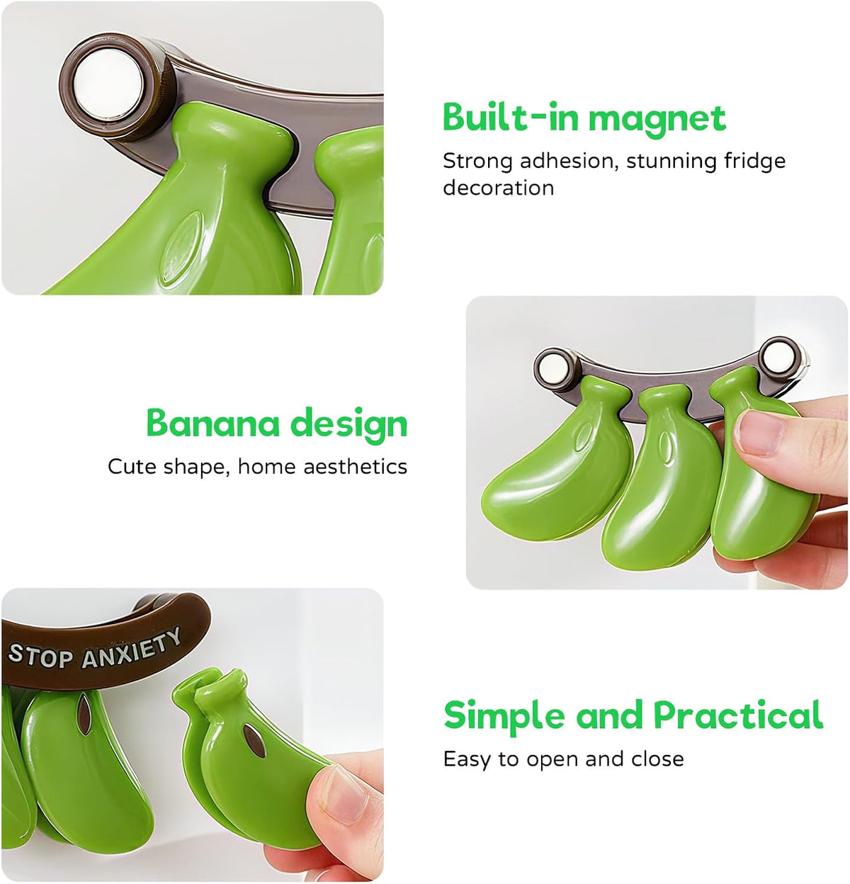 2PCS Cute Fridge Magnets Banana Shape Yellow/Green, Multi-Function Refrigerator Magnets Bag Sealing Clips, Decorative Food Storage Clips for Home Kitchen Office, Practical Gift for Housewarming/Xmas