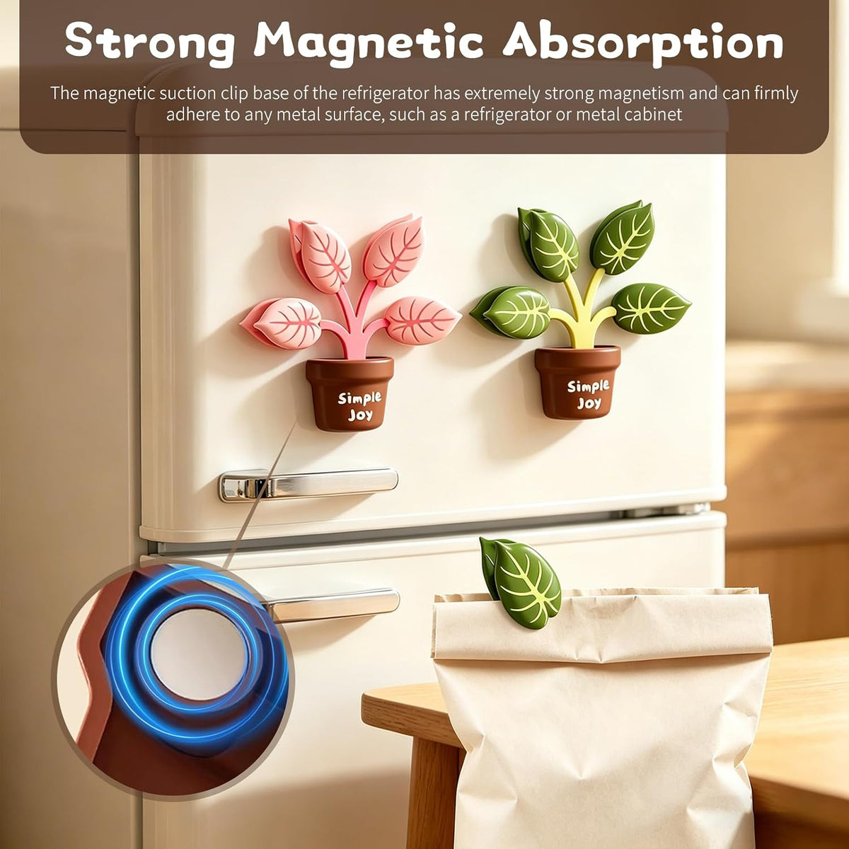 2Pcs Cute Chip Clips, Green Plant Shape Magnetic Chip Clips, Heavy Duty Magnetic Chip Clips for Food Storage, Sealing Clips for Snack Bags, Coffee Bags, Fridge Decor