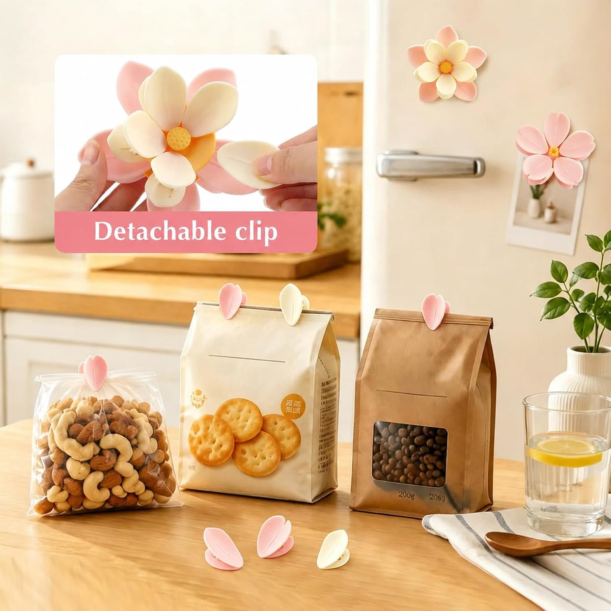 4 Pack Cherry Blossom Chip Clips Magnetic, 4 Flowers 30 Clips
