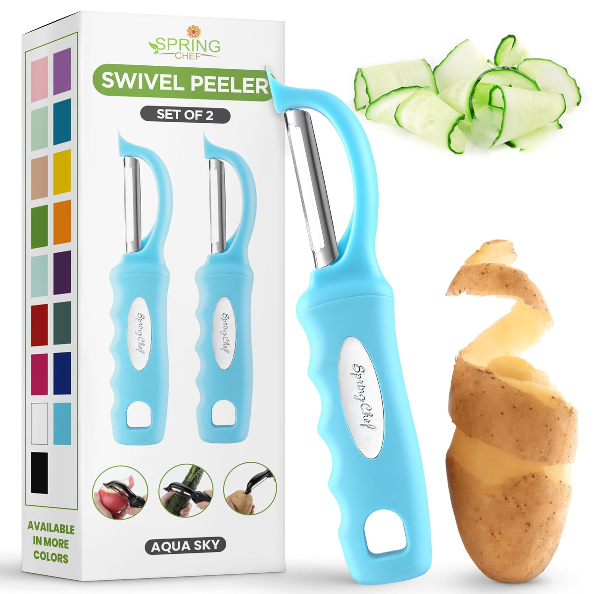 Spring Chef Swivel Potato Peeler for Kitchen w/Soft Grip Handle, Sapphire