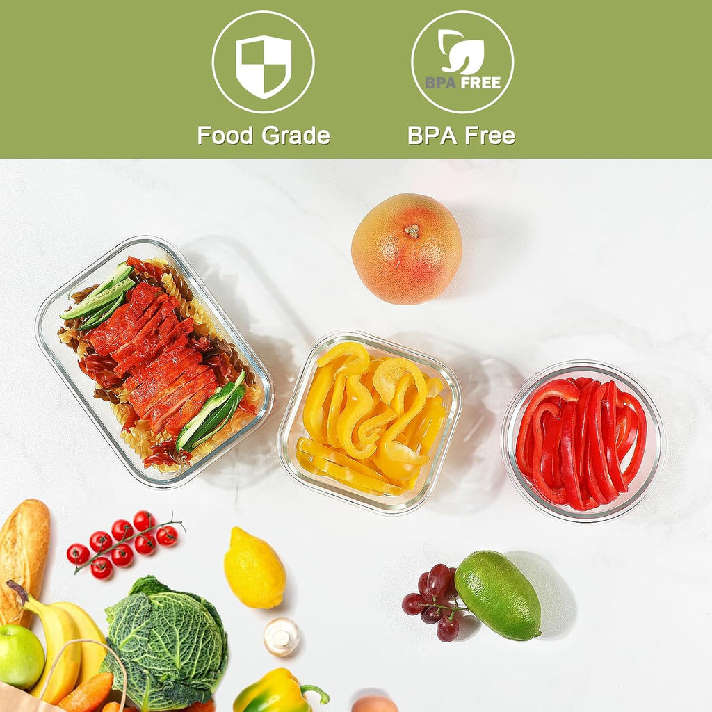 BAYZZ 30 Piece Glass Food Storage Containers Set, Glass Meal Prep Containers with Lids, Airtight Lunch Box, BPA-Free, Microwave, Freezer & Dishwasher Safe