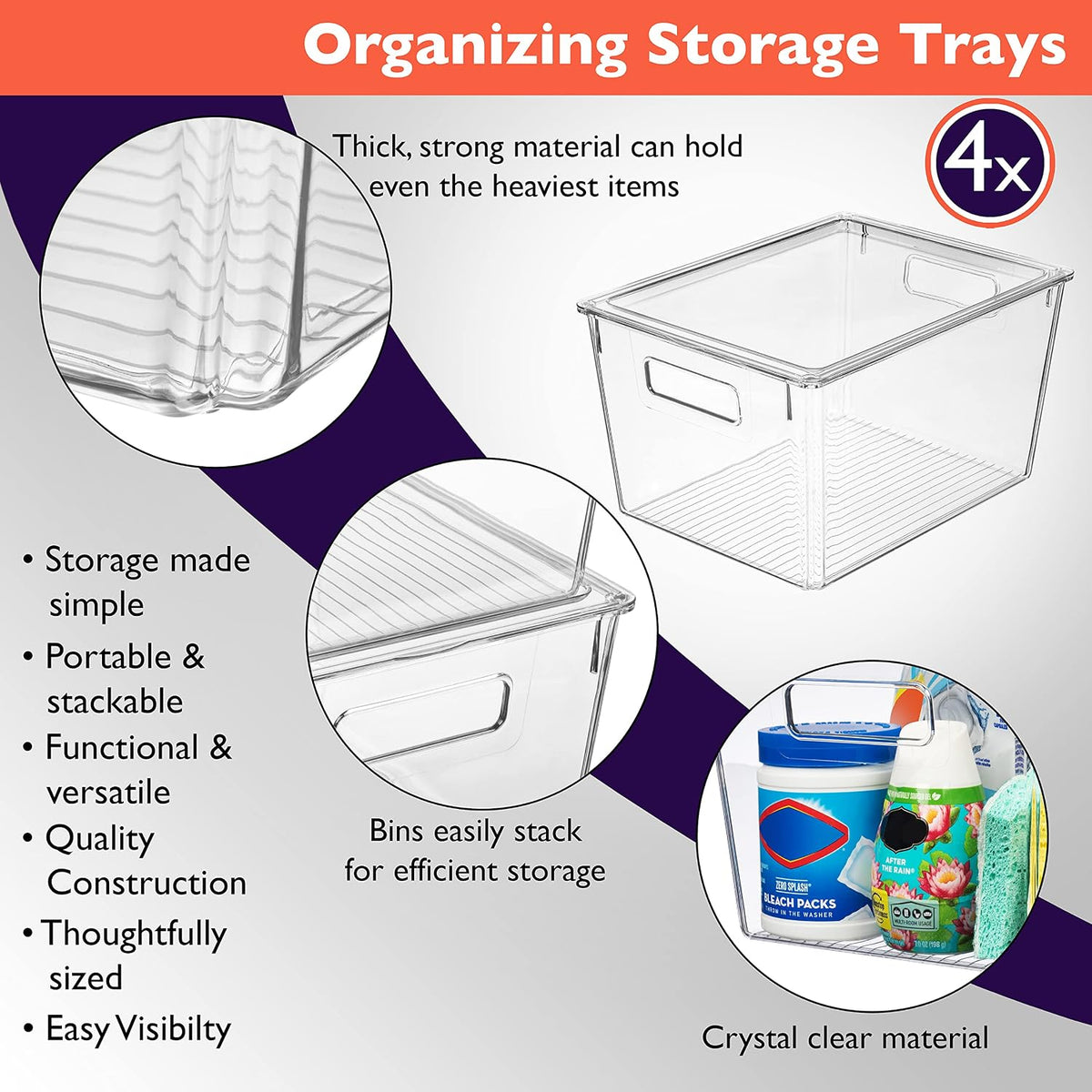 ClearSpace Storage Bin with Lid, Pantry & Desk Organizer, XL, 4 Pack