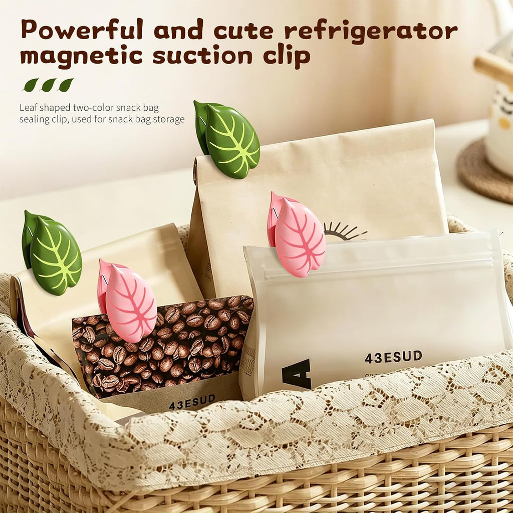 2Pcs Cute Chip Clips, Green Plant Shape Magnetic Chip Clips, Heavy Duty Magnetic Chip Clips for Food Storage, Sealing Clips for Snack Bags, Coffee Bags, Fridge Decor
