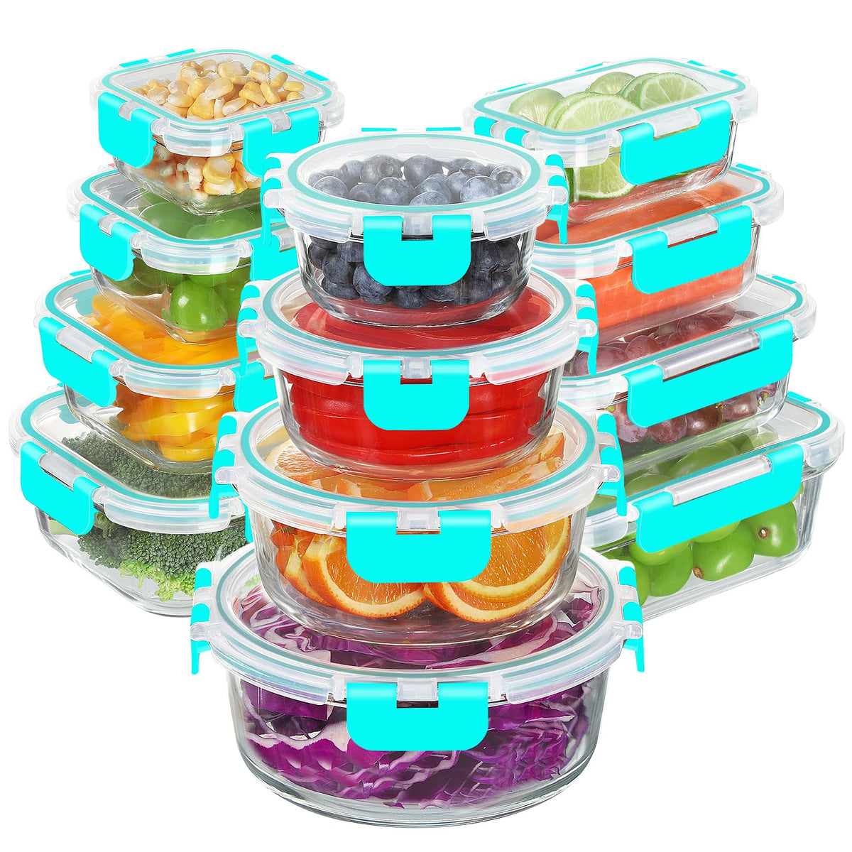 BAYZZ 30 Piece Glass Food Storage Containers Set, Glass Meal Prep Containers with Lids, Airtight Lunch Box, BPA-Free, Microwave, Freezer & Dishwasher Safe
