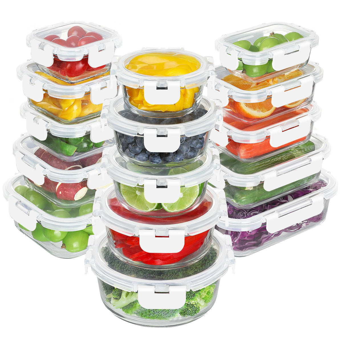 BAYZZ 30 Piece Glass Food Storage Containers Set, Glass Meal Prep Containers with Lids, Airtight Lunch Box, BPA-Free, Microwave, Freezer & Dishwasher Safe