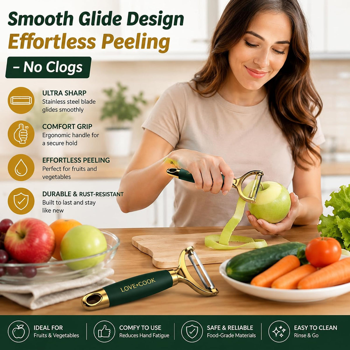 Vegetable Peeler, 420 Stainless Steel Swivel Y-Shaped Blade with Wooden & ABS Handle, Ultra Sharp Potato, Carrot & Apple Peeler, Ergonomic Non-Slip Kitchen Tool (Green&Golden)