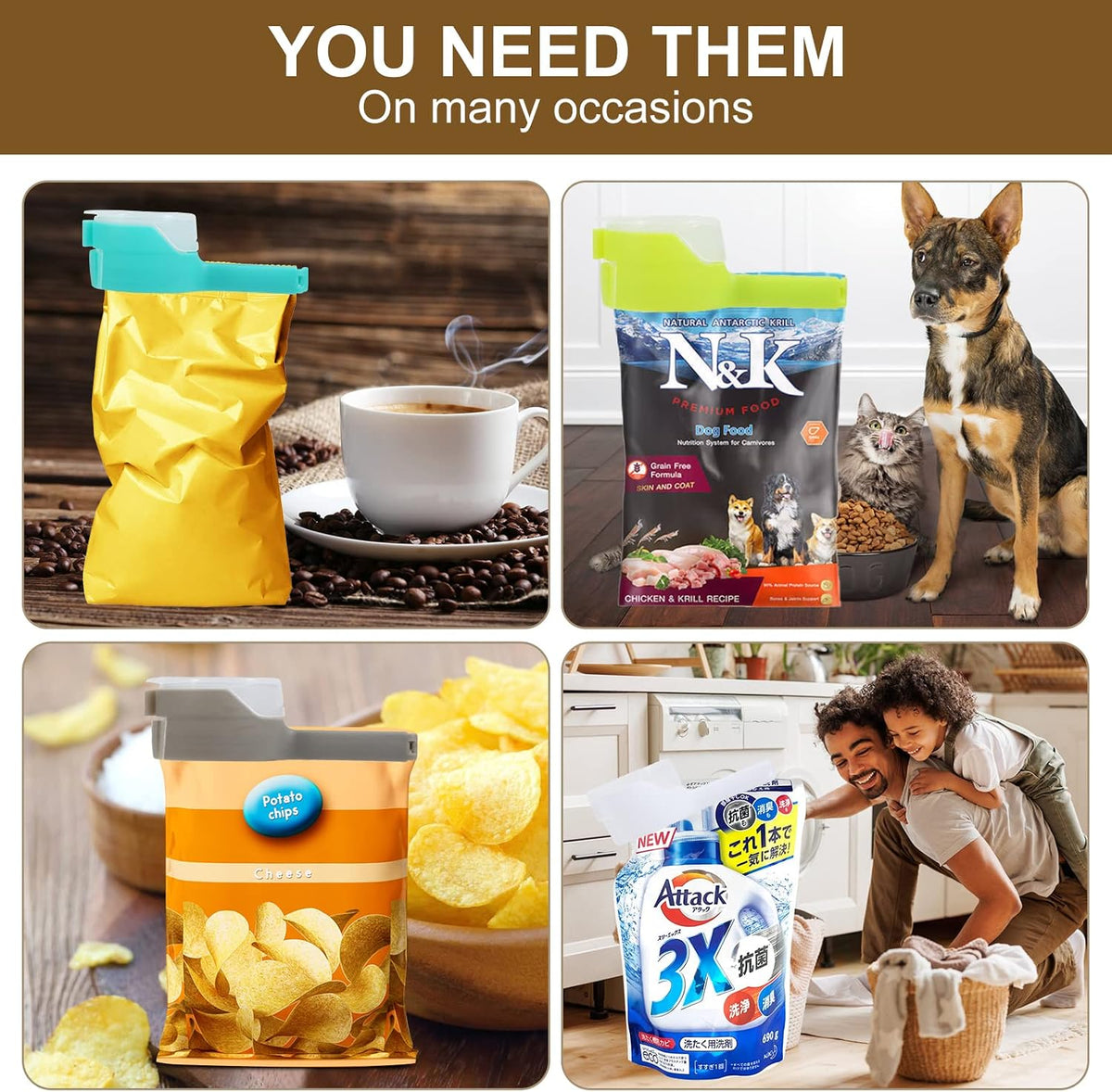 Bag Clips for Food Storage Sealing Clips with Pour Spouts Food Sealing Plastic Great for All Food or Cat/Dog Food Storage and Organization（6 Pack）