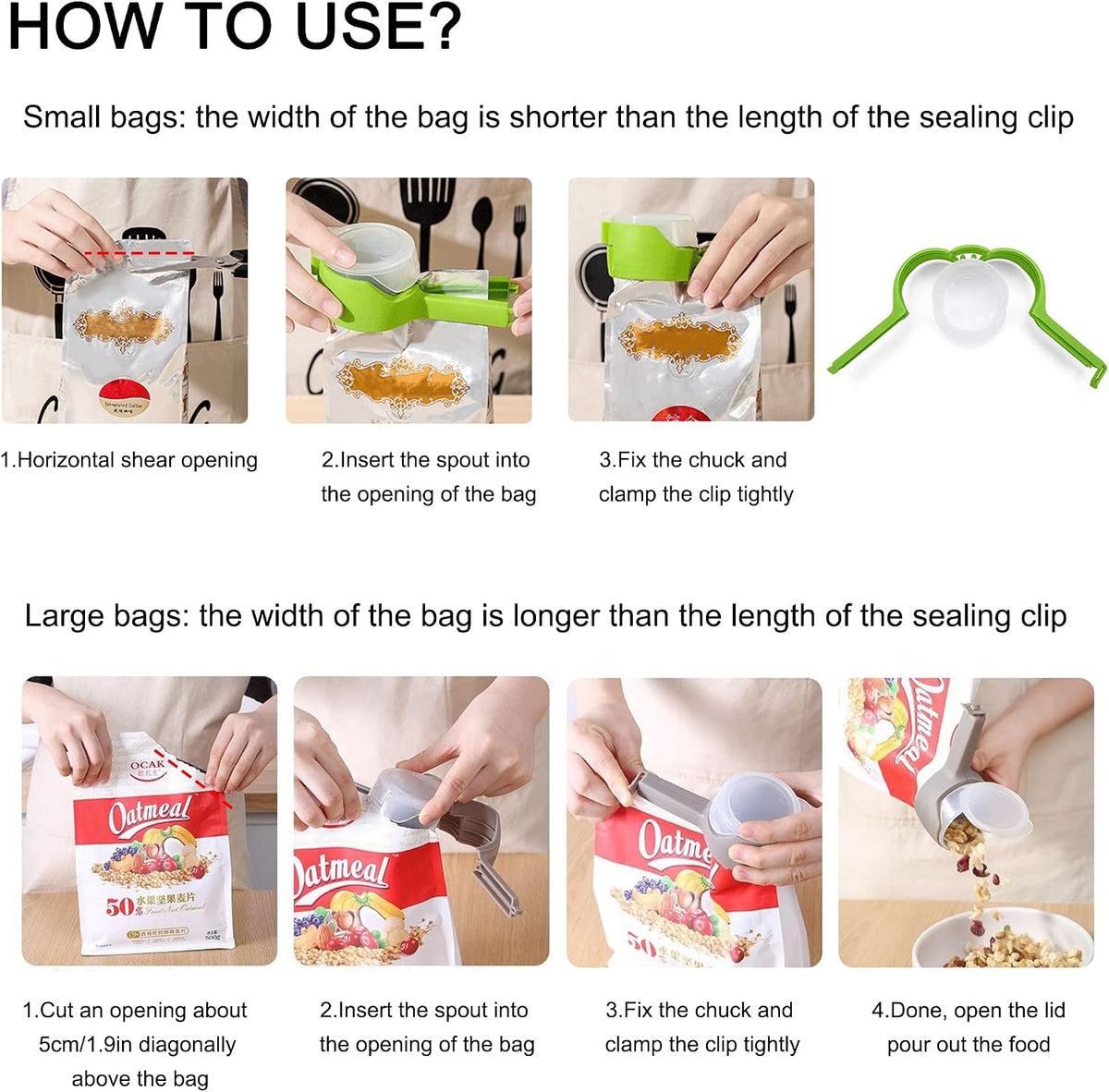 6Pcs Bag Spout Clip with Pour Spouts + 4pcs Adhesive Hooks