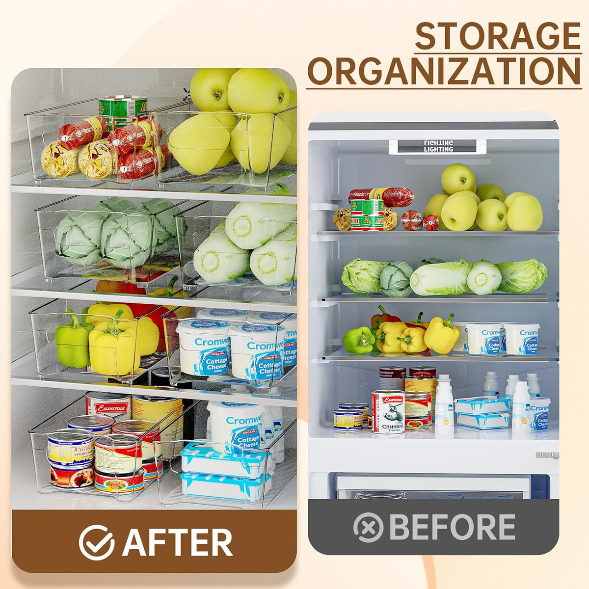 Clear Fridge Organizer, Refrigerator Organizer Bins with Handle, Freezer, Kitchen Cabinet, Pantry Organization, BPA Free Fridge Organizers (12.4 inch 8 Pack)