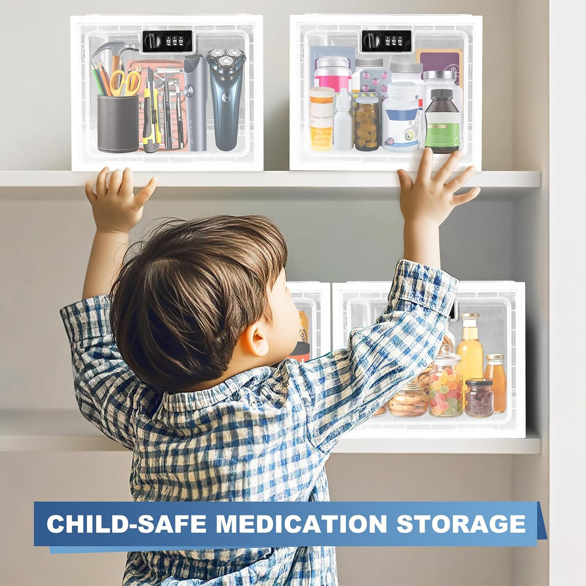 Medicine Lock Box for Safe Medication, Premium Material Lockable Storage Box Locking Organizer Bin with Combination Code for Fridge Food/Snacks/Phone/Tablet Jail/Home/Office Storage Lockers