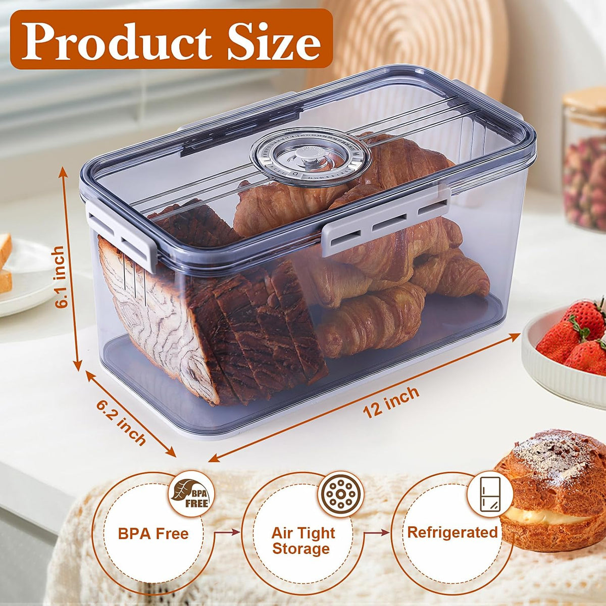 ANYPROLUS Bread Box for Homemade Bread Boxes for Kitchen Counter Airtight, Time Recording Bread Storage Container with Lid, Bread Containers Storage Airtight Loaf Bread Keeper, Grey