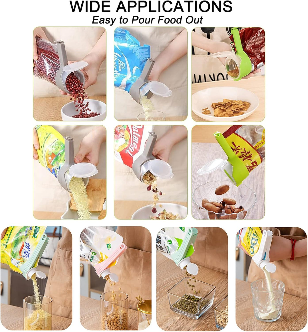 6Pcs Bag Spout Clip with Pour Spouts + 4pcs Adhesive Hooks