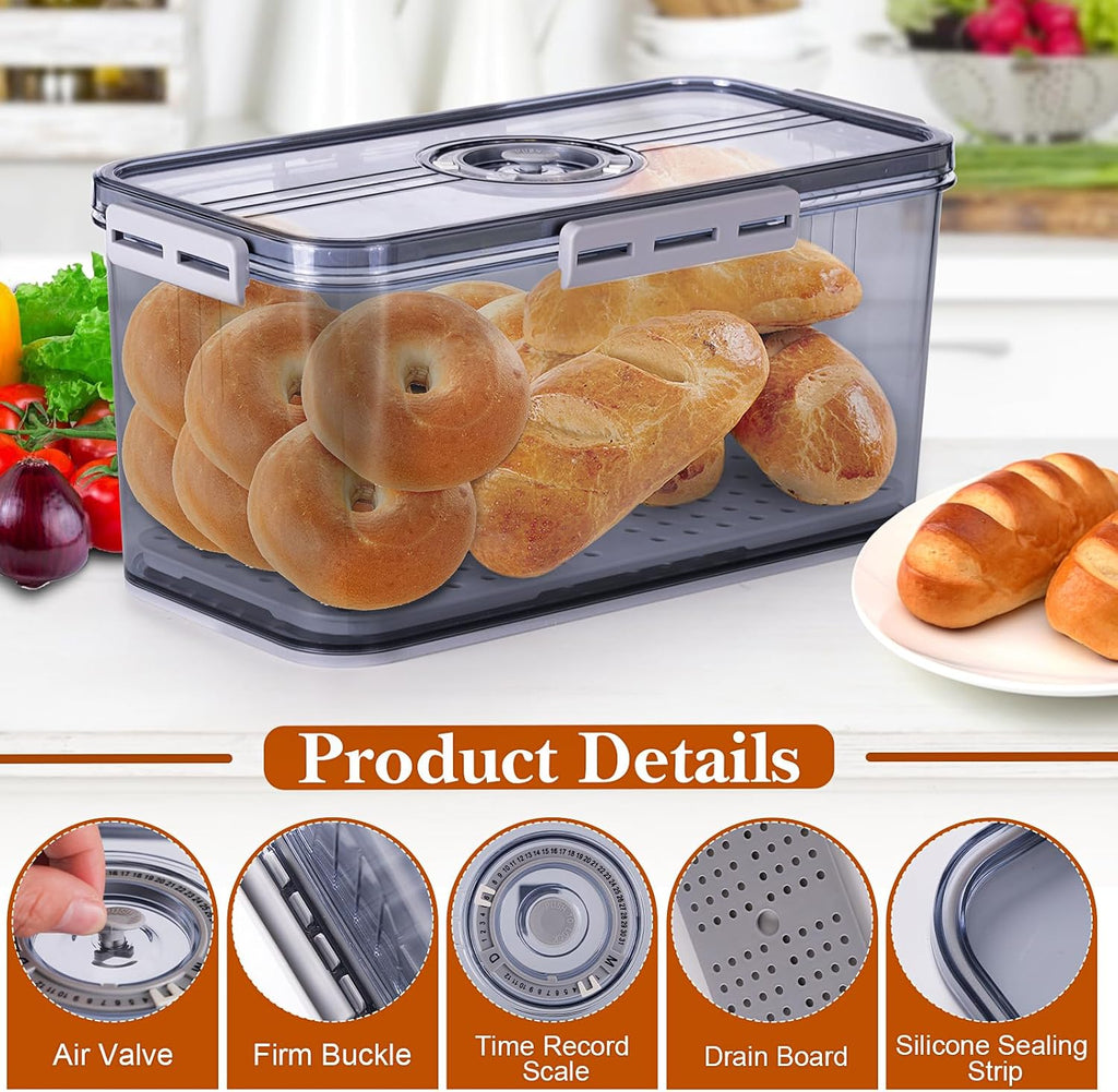 ANYPROLUS Bread Box for Homemade Bread Boxes for Kitchen Counter Airtight, Time Recording Bread Storage Container with Lid, Bread Containers Storage Airtight Loaf Bread Keeper, Grey
