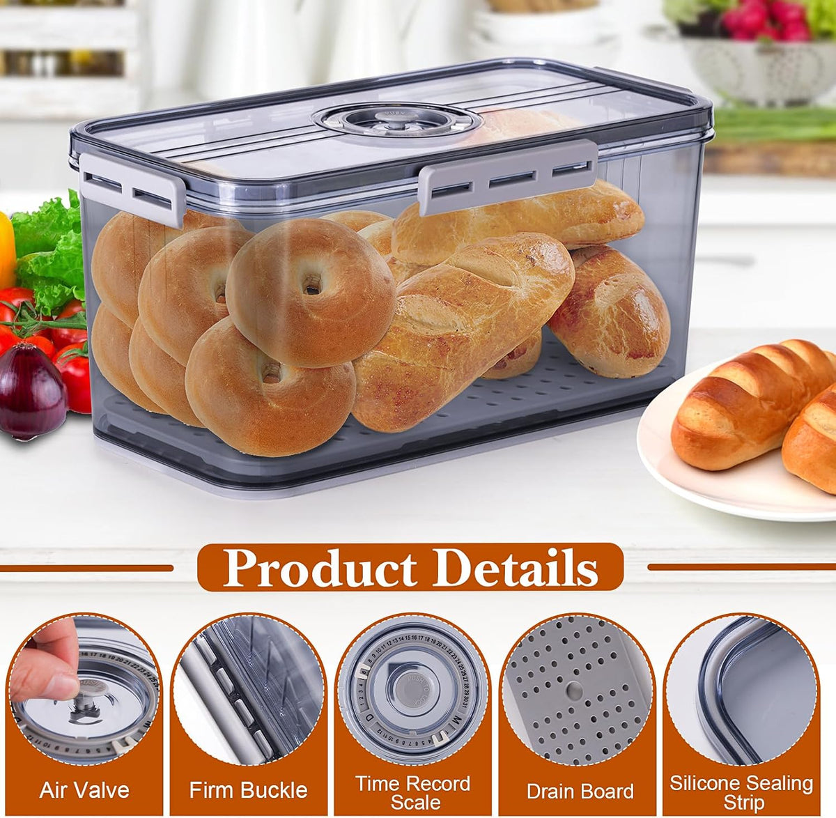 ANYPROLUS Bread Box for Homemade Bread Boxes for Kitchen Counter Airtight, Time Recording Bread Storage Container with Lid, Bread Containers Storage Airtight Loaf Bread Keeper, Grey