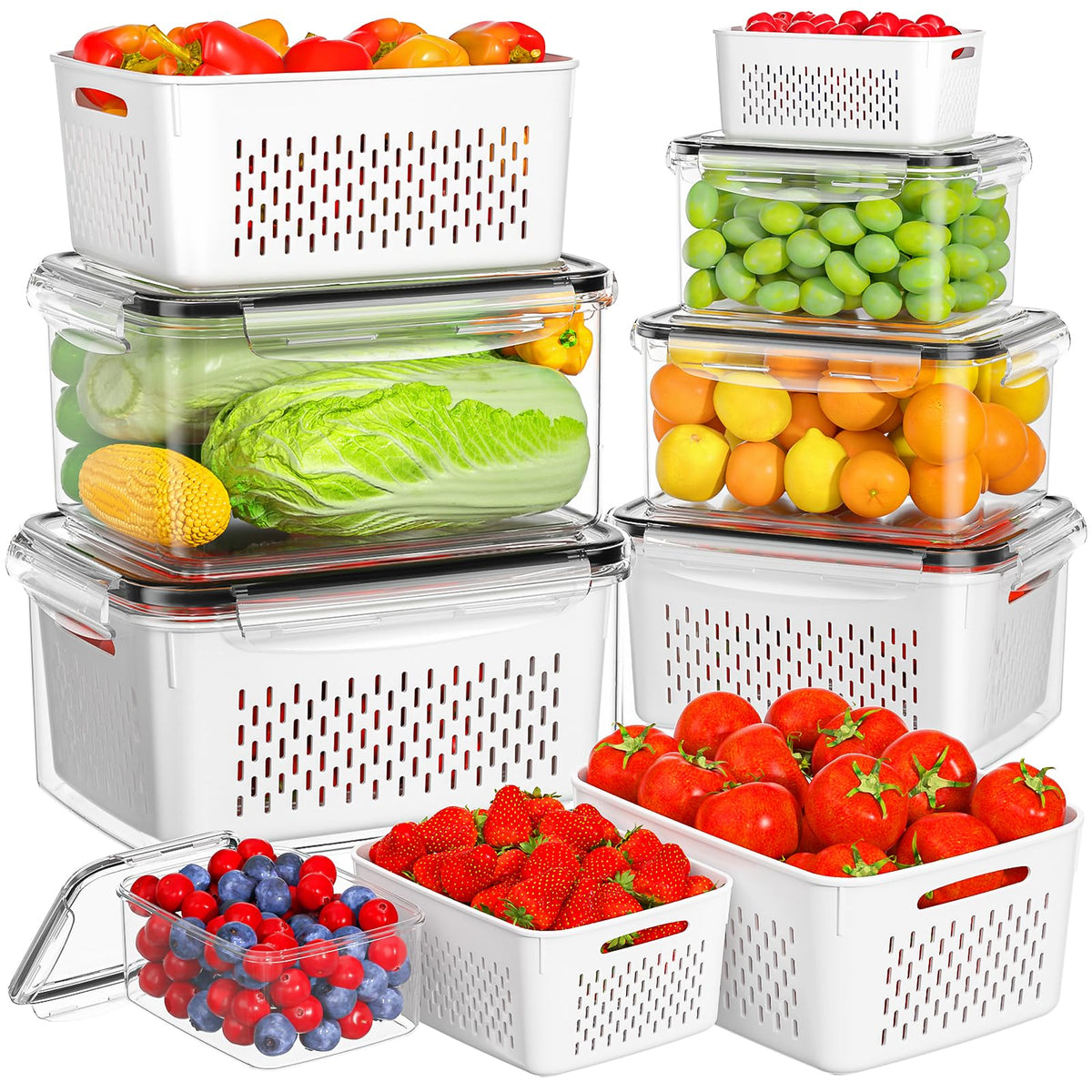 HOMETALL 8 Pack Fruit Storage Containers for Fridge, Produce Containers for Fridge with Colander, Leakproof Fridge Organizers and Storage for Berry Vegetable Salad Lettuce Meat Food