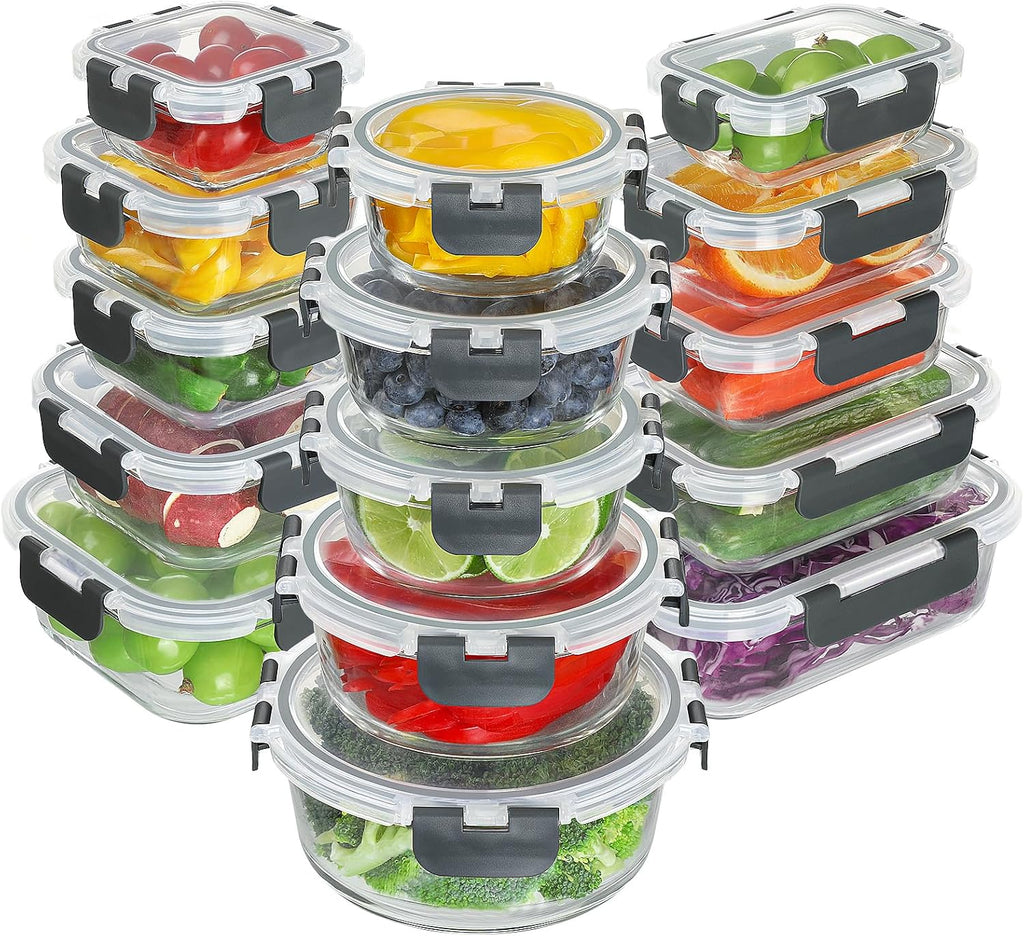 BAYZZ 30 Piece Glass Food Storage Containers Set, Glass Meal Prep Containers with Lids, Airtight Lunch Box, BPA-Free, Microwave, Freezer & Dishwasher Safe
