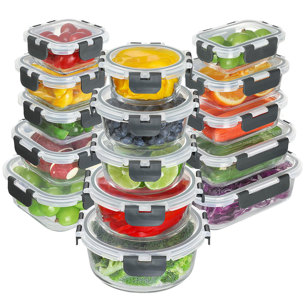 BAYZZ 30 Piece Glass Food Storage Containers Set, Glass Meal Prep Containers with Lids, Airtight Lunch Box, BPA-Free, Microwave, Freezer & Dishwasher Safe