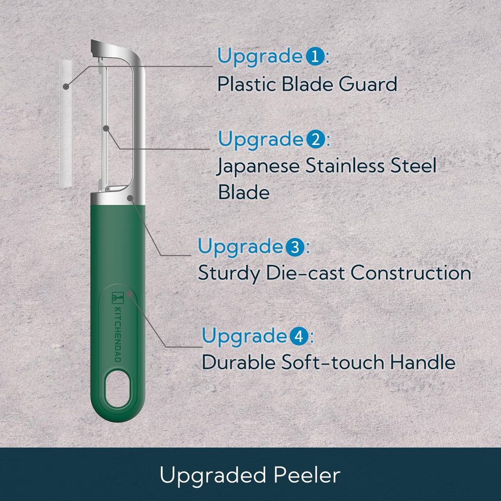 KITCHENDAO Swivel Vegetable Potato Peeler for Kitchen, Japanese Stainless Steel Sharp Blade, Heavy Duty Die-cast Construction, Built-in Eye Remover, Soft-touch Handle, Dishwasher Safe, Green