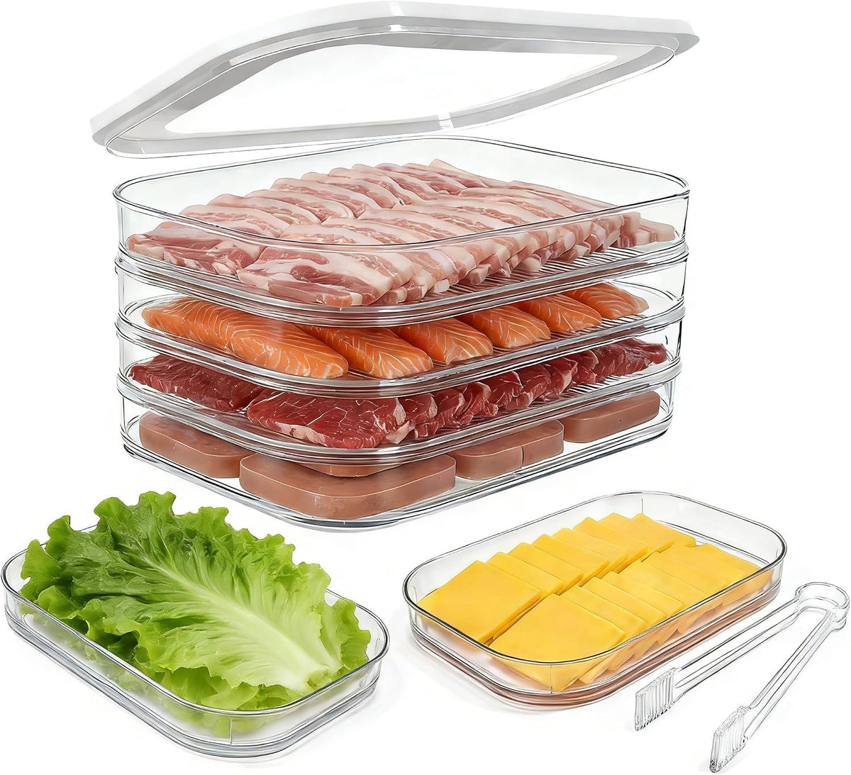 Deli Meat Container for Fridge with Lid, 4-Layer Stackable Bacon Container for Refrigerator with Clip, Clear Cold Cuts Storage Containers for Cheese Cold Cuts Bacon, BPA Free