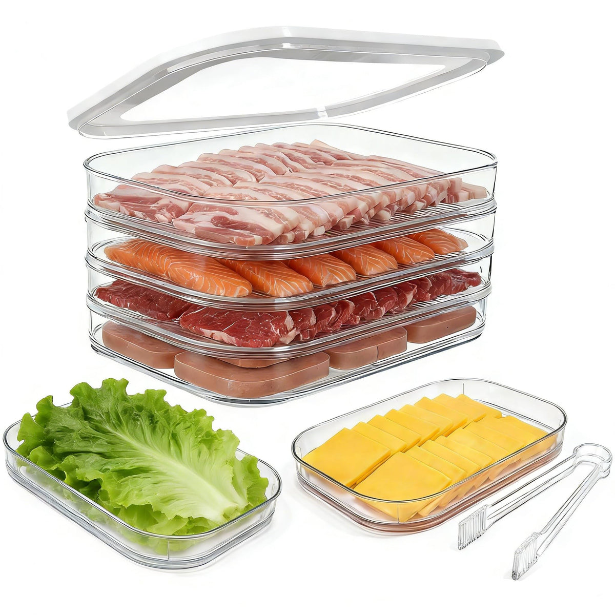 Deli Meat Container for Fridge with Lid, 4-Layer Stackable Bacon Container for Refrigerator with Clip, Clear Cold Cuts Storage Containers for Cheese Cold Cuts Bacon, BPA Free