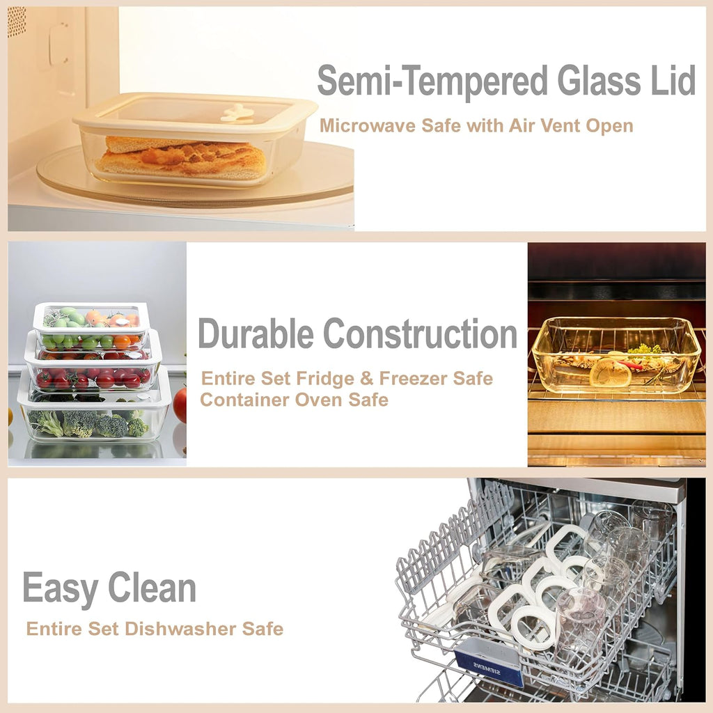 Urban Green Glass Food Container Set with Glass Lid, Large Meal Prep Container Set, Airtight Food Storage Containers with Air Vent Lid, 2 Pack, Large, 87oz, LeakProof, 100% Plastic Free, White color,