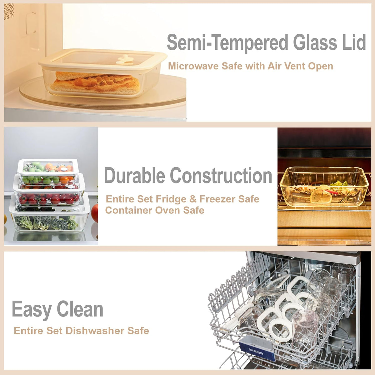Urban Green Glass Food Container Set with Glass Lid, Large Meal Prep Container Set, Airtight Food Storage Containers with Air Vent Lid, 2 Pack, Large, 87oz, LeakProof, 100% Plastic Free, White color,