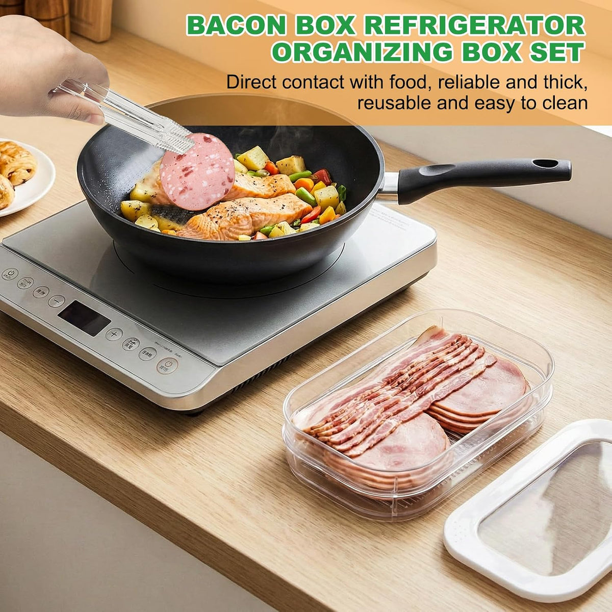 Deli Meat Container for Fridge with Lid, 4-Layer Stackable Bacon Container for Refrigerator with Clip, Clear Cold Cuts Storage Containers for Cheese Cold Cuts Bacon, BPA Free