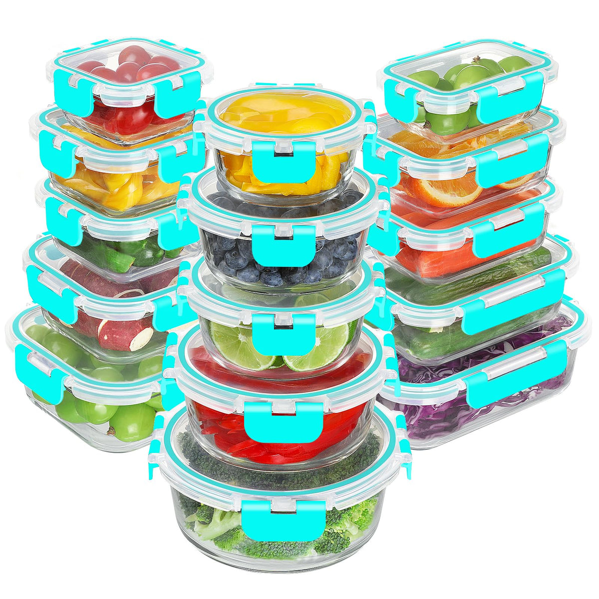 BAYZZ 30 Piece Glass Food Storage Containers Set, Glass Meal Prep Containers with Lids, Airtight Lunch Box, BPA-Free, Microwave, Freezer & Dishwasher Safe