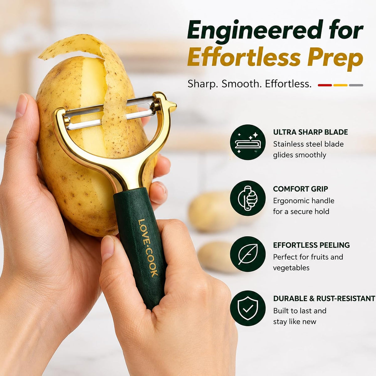 Vegetable Peeler, 420 Stainless Steel Swivel Y-Shaped Blade with Wooden & ABS Handle, Ultra Sharp Potato, Carrot & Apple Peeler, Ergonomic Non-Slip Kitchen Tool (Green&Golden)
