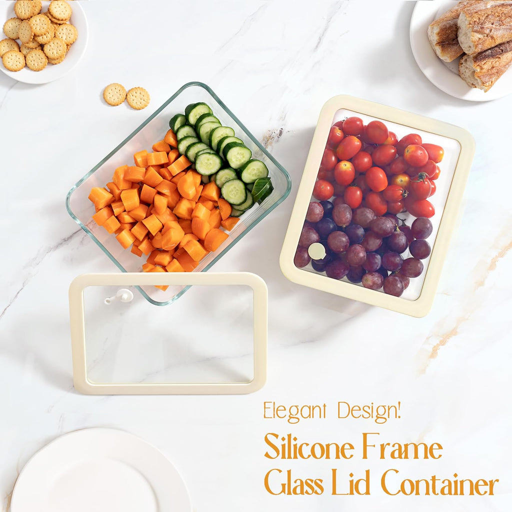 Urban Green Glass Food Container Set with Glass Lid, Large Meal Prep Container Set, Airtight Food Storage Containers with Air Vent Lid, 2 Pack, Large, 87oz, LeakProof, 100% Plastic Free, White color,